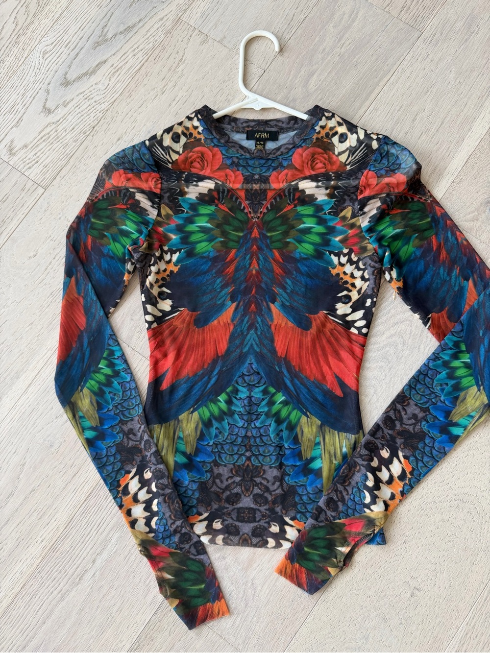 AFRM Multicolor Feather Motif Long Sleeve Top - Blue/Green/Red